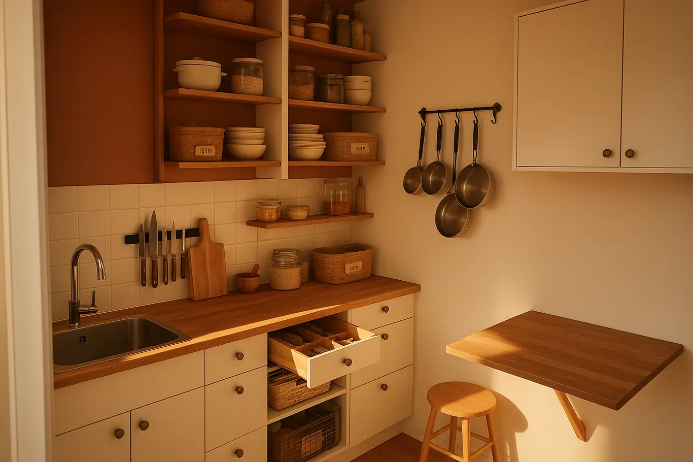 Cozinha pequena vista em plano aberto com prateleiras verticais e mesa dobrável