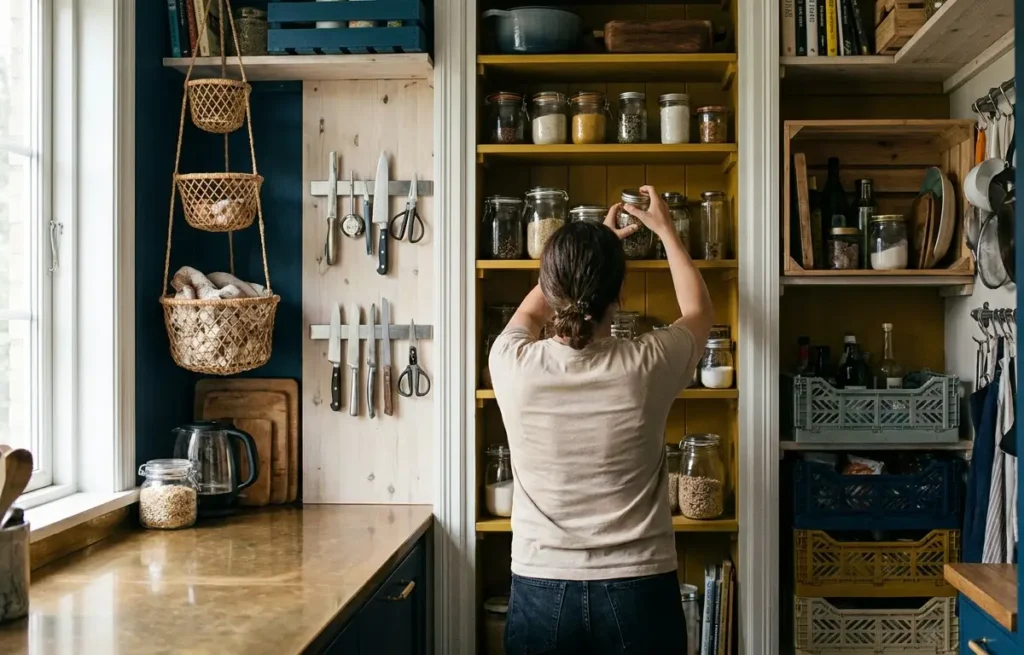 Pessoa de costas organizando prateleira em cozinha pequena com potes e ganchos