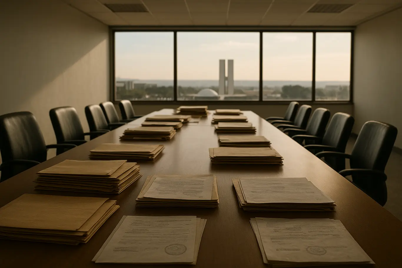 Sala administrativa com pastas e envelopes sobre mesa, edifício do Congresso ao fundo desfocado