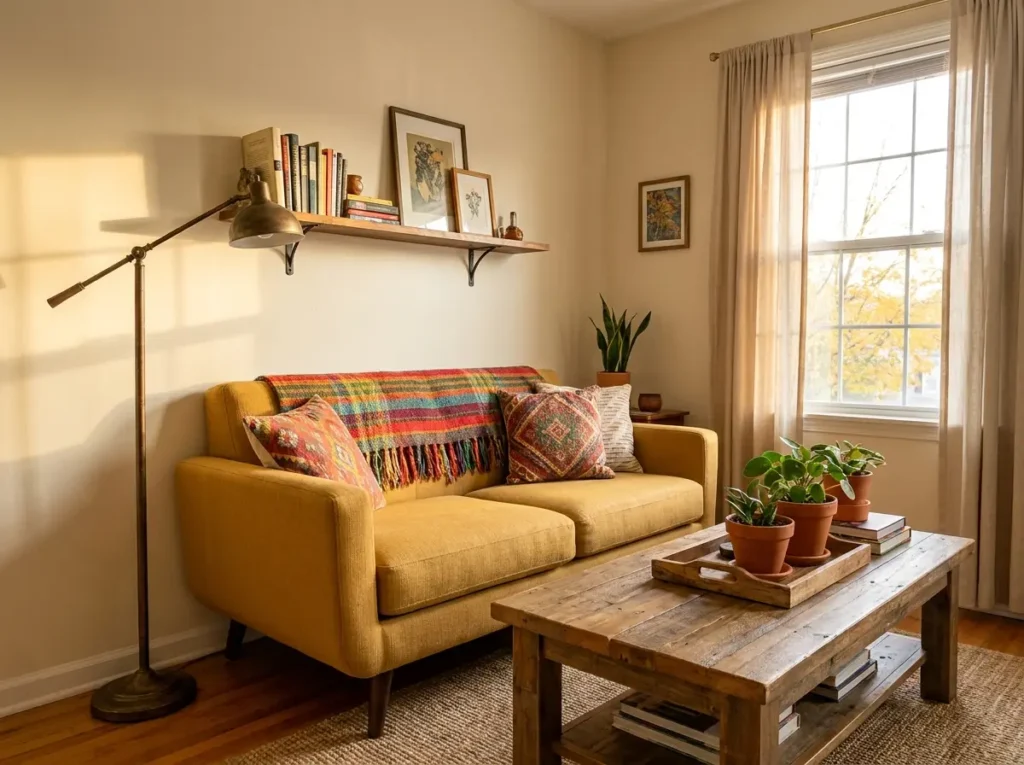 Canto de sala pequena com sofá mostarda, mantas coloridas, mesa de centro DIY e plantas, luz quente