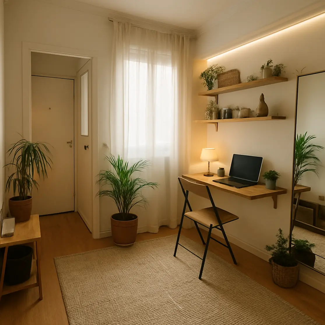 Sala pequena vista ampla com área de trabalho compacta, espelho, prateleiras e plantas verticais