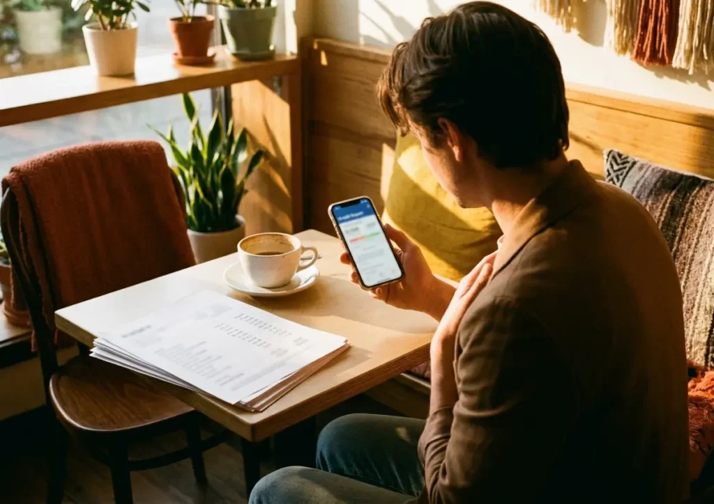 Como saber se seu nome ficou limpo após o Desenrola e o que fazer Pessoa de costas em mesa de café segurando smartphone com tela iluminada mostrando relatório de crédito desfocado, papéis ao lado, luz dourada.