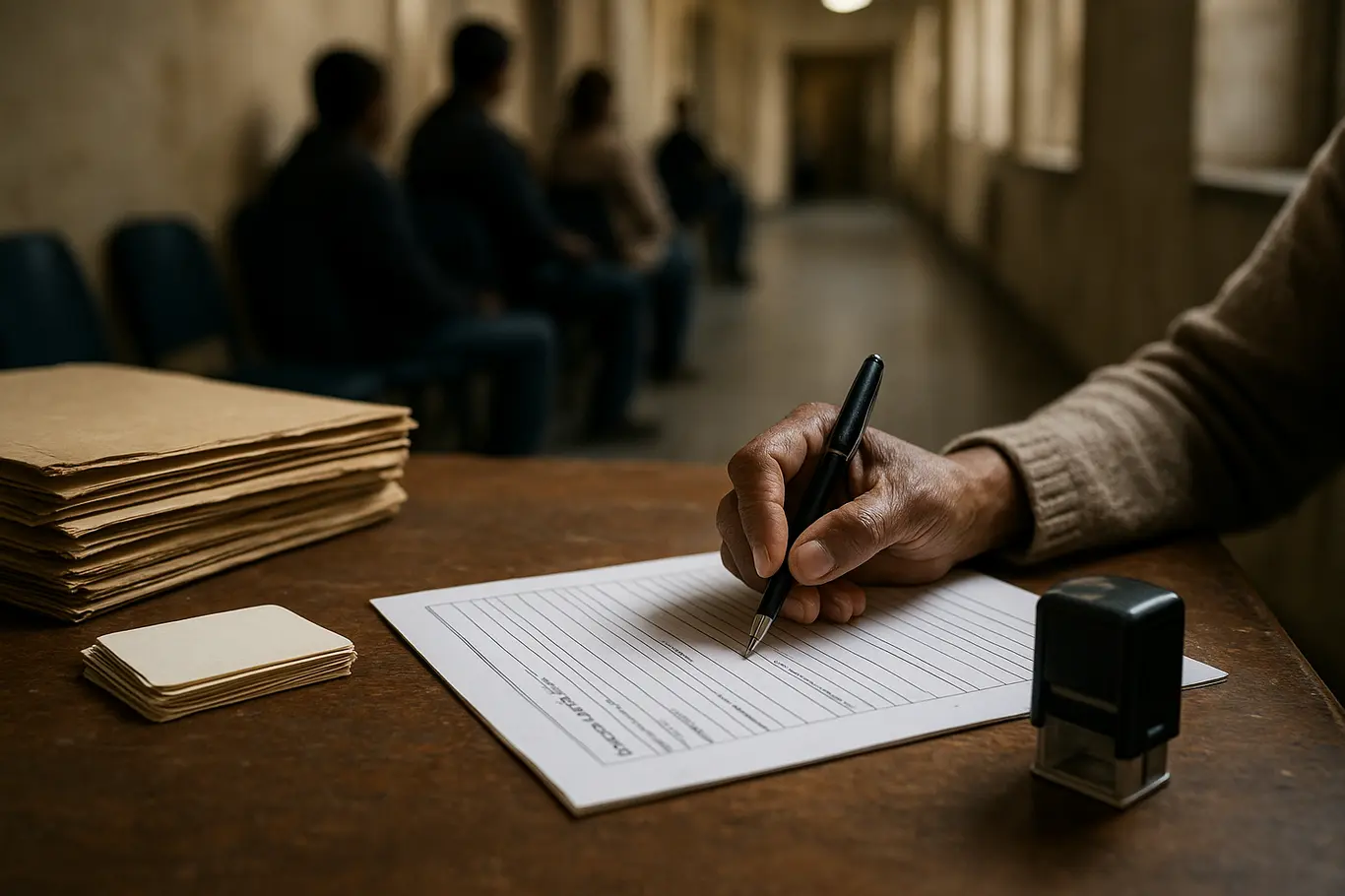 Mãos preenchendo ficha sobre pilha de prontuários, fundo desfocado