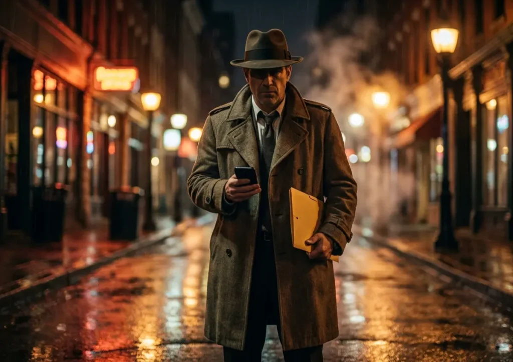 Detetive de sobretudo em 3/4 na rua à noite, rosto parcialmente oculto, segurando envelope e smartphone.