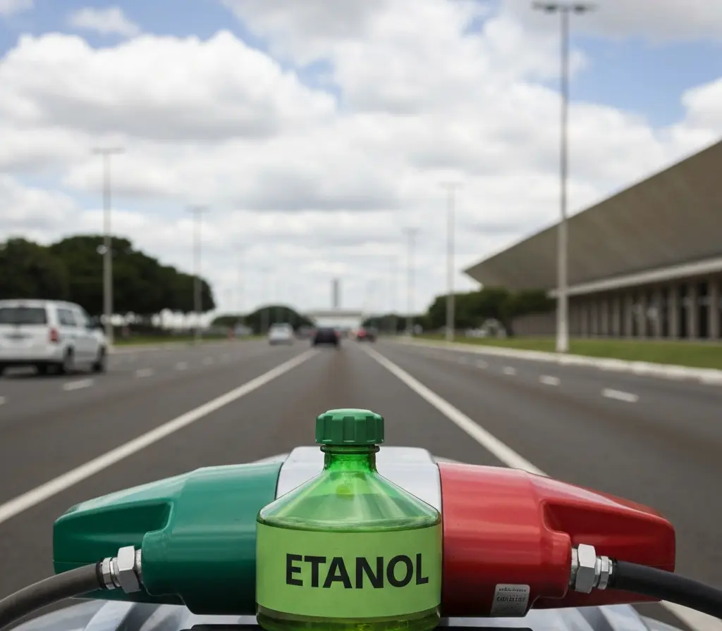 Etanol mais vantajoso que a gasolina em Brasília e reduz custos Posto de combustível em Brasília com motorista abastecendo com etanol, Congresso Nacional ao fundo