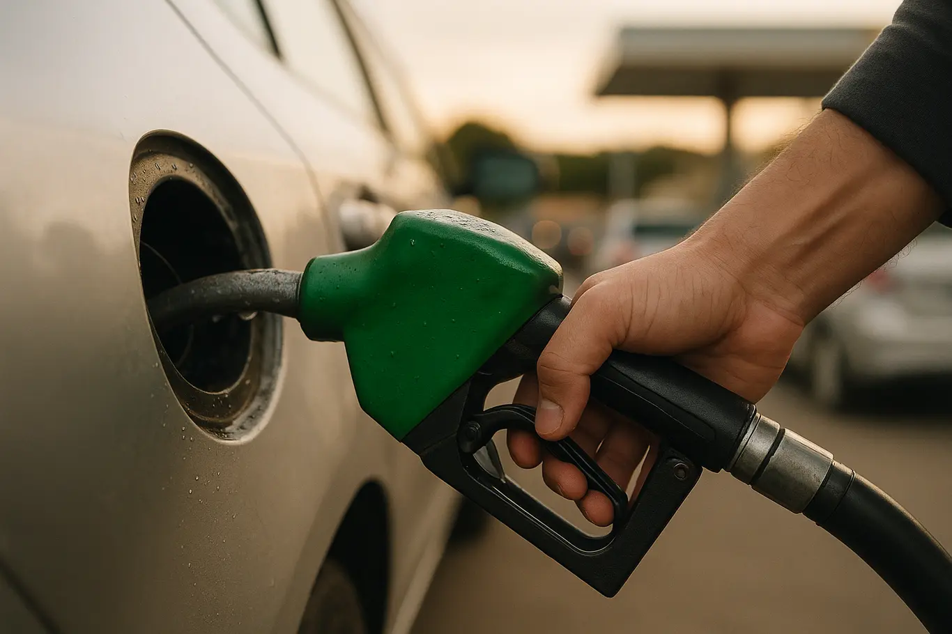 Close-up de bico de etanol verde inserido no tanque de um carro, mão do motorista de costas