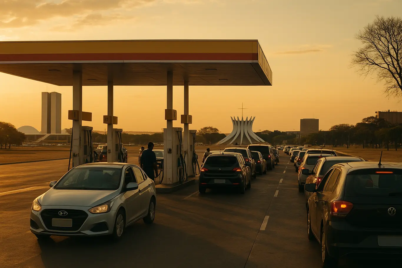 Posto de combustíveis movimentado em Brasília com carros em fila e monumentos ao fundo