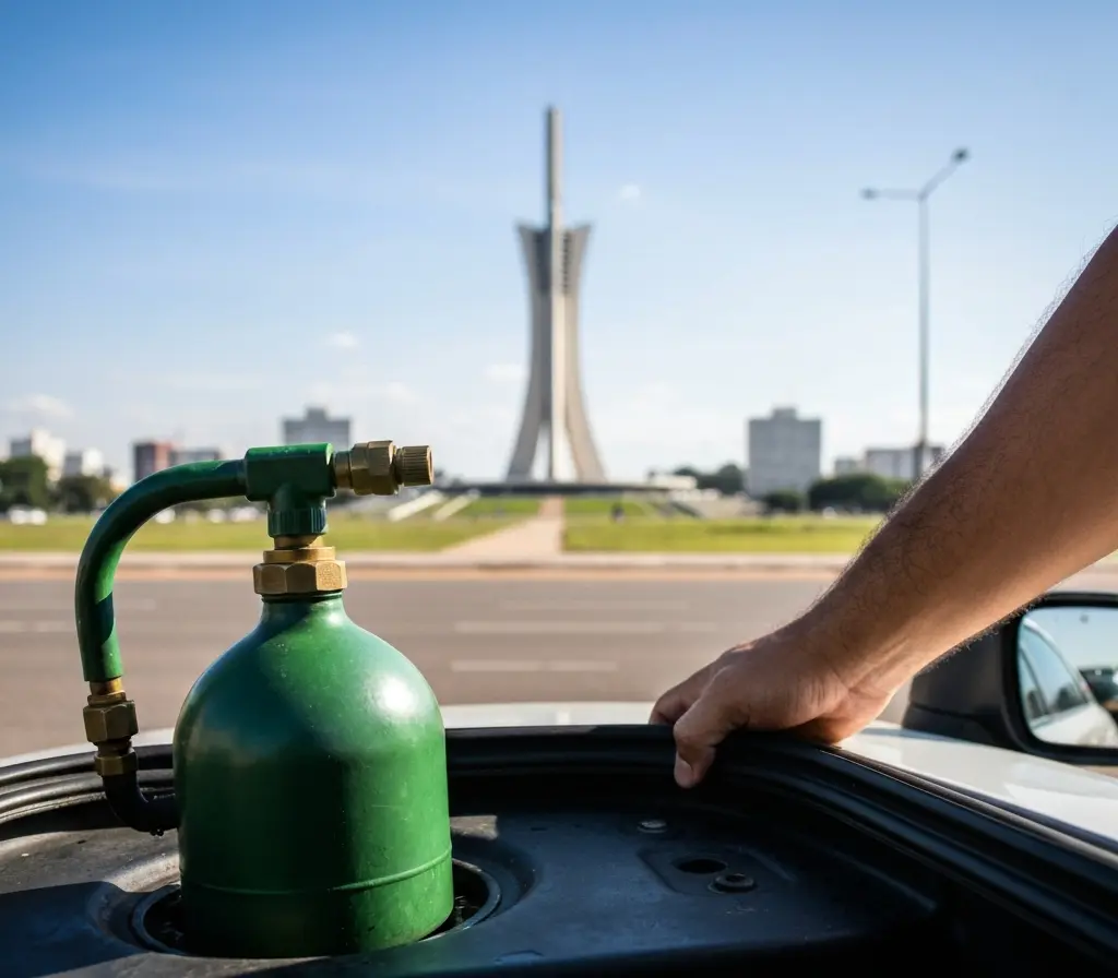 Etanol mais vantajoso que gasolina em Brasília e pode reduzir custos Bocal de bomba de etanol encaixado no tanque de carro com contorno de Brasília ao fundo