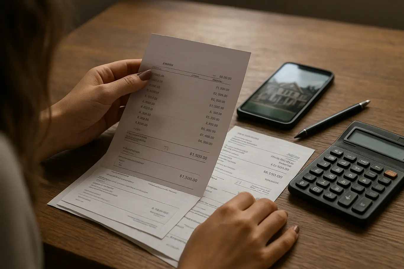 Mãos sem rosto manuseando extratos e comprovantes de transferência