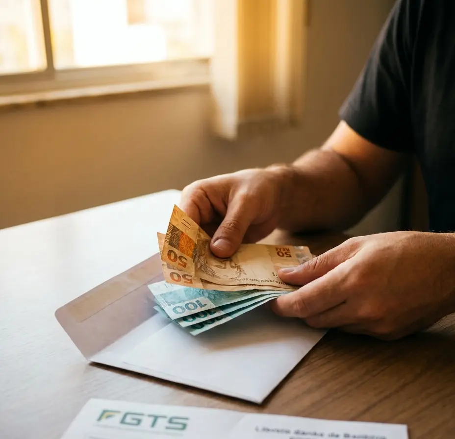 Quando é possível sacar FGTS para quitar dívidas e o que fazer Mãos contando cédulas sobre envelope com extrato desfocado