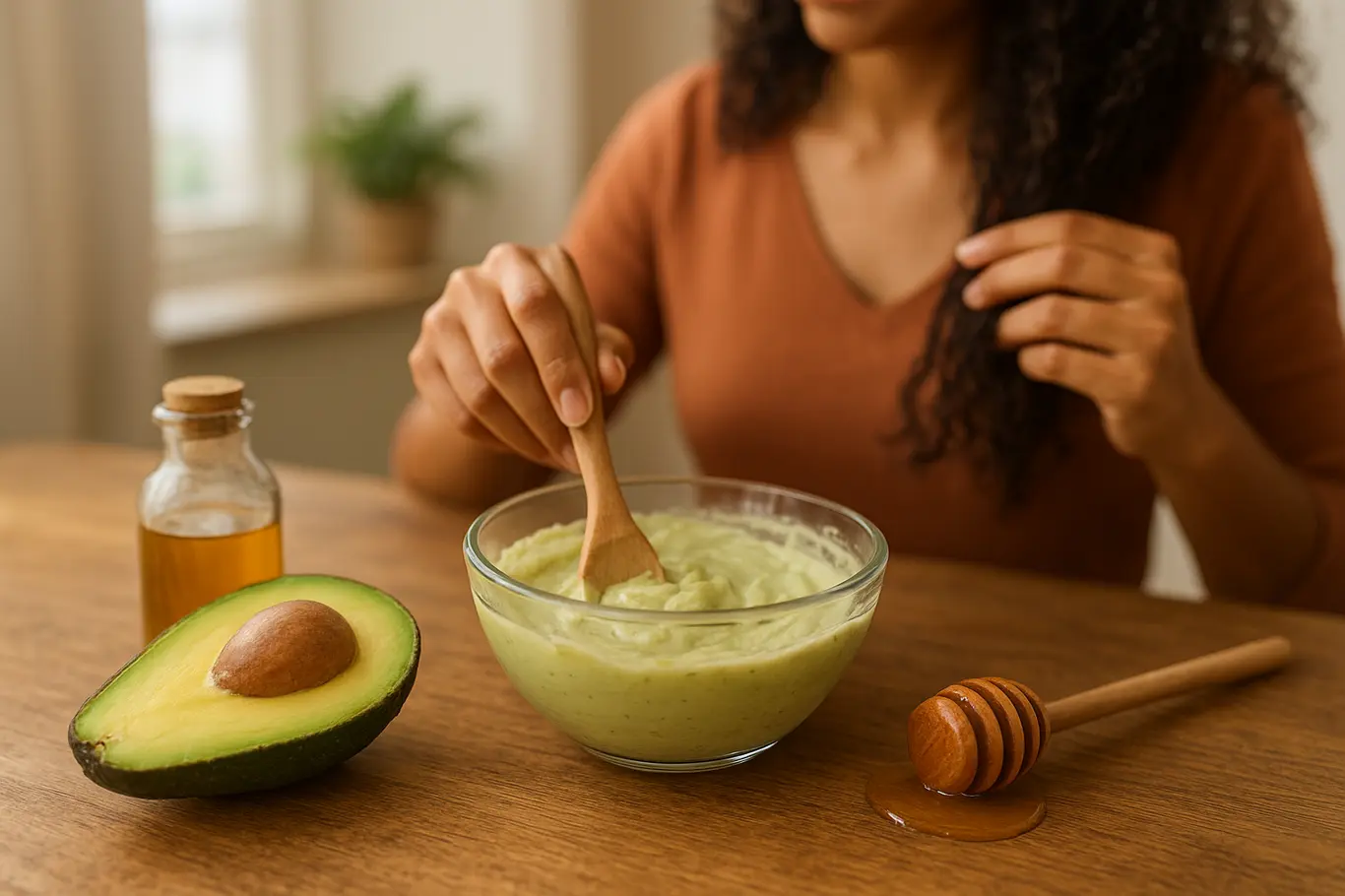 Bancada com ingredientes naturais e mulher aplicando máscara ao fundo