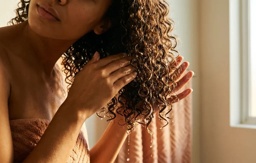 Mulher de três quartos com cabelo cacheado recebendo hidratação caseira