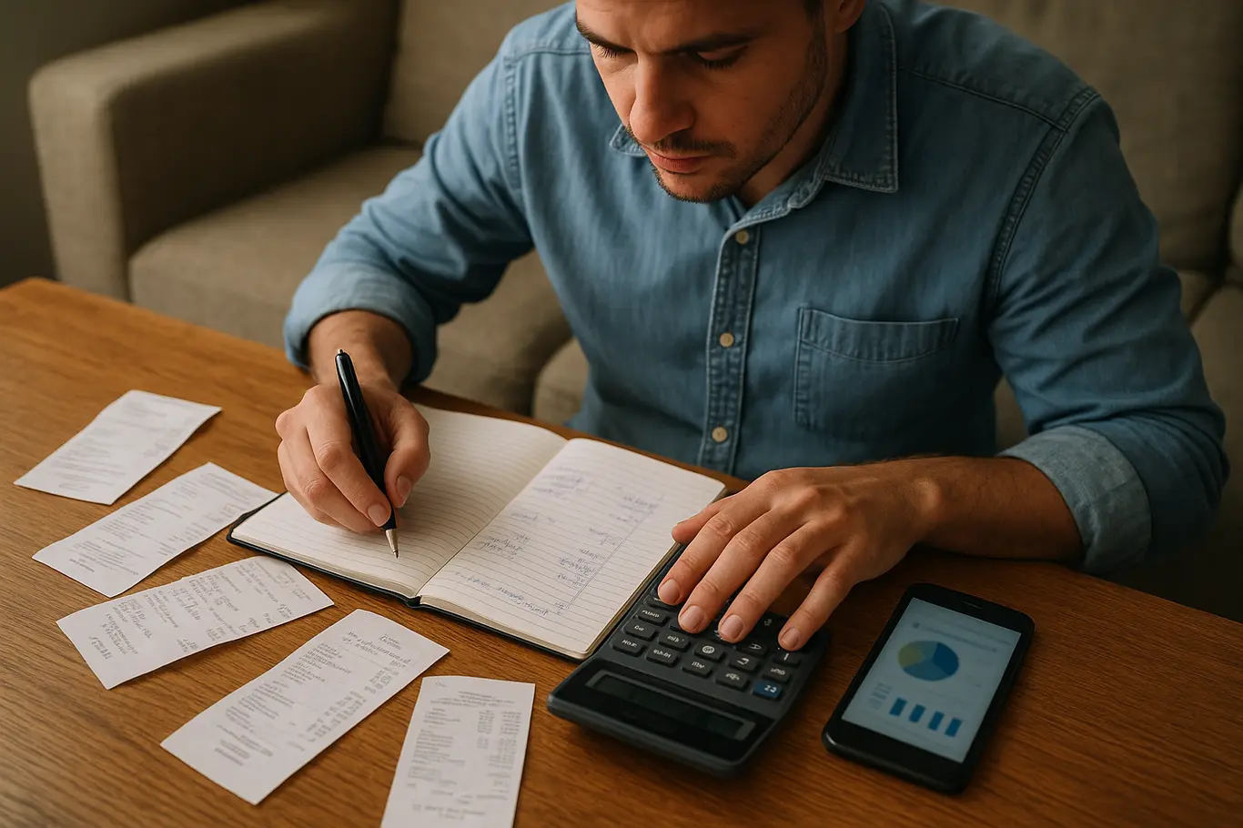 Mesa com recibos, bloco de notas, smartphone e calculadora em uso, visão lateral