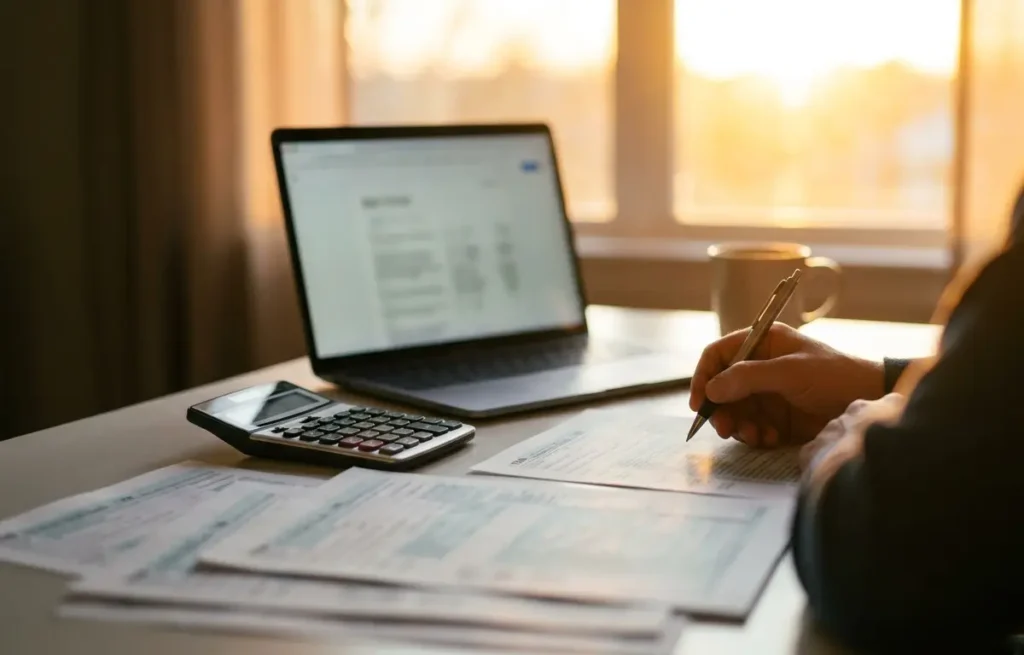 O que fazer no primeiro ano como autônomo para declarar imposto de renda Trabalhador autônomo visto de costas em mesa com formulários e calculadora, luz quente