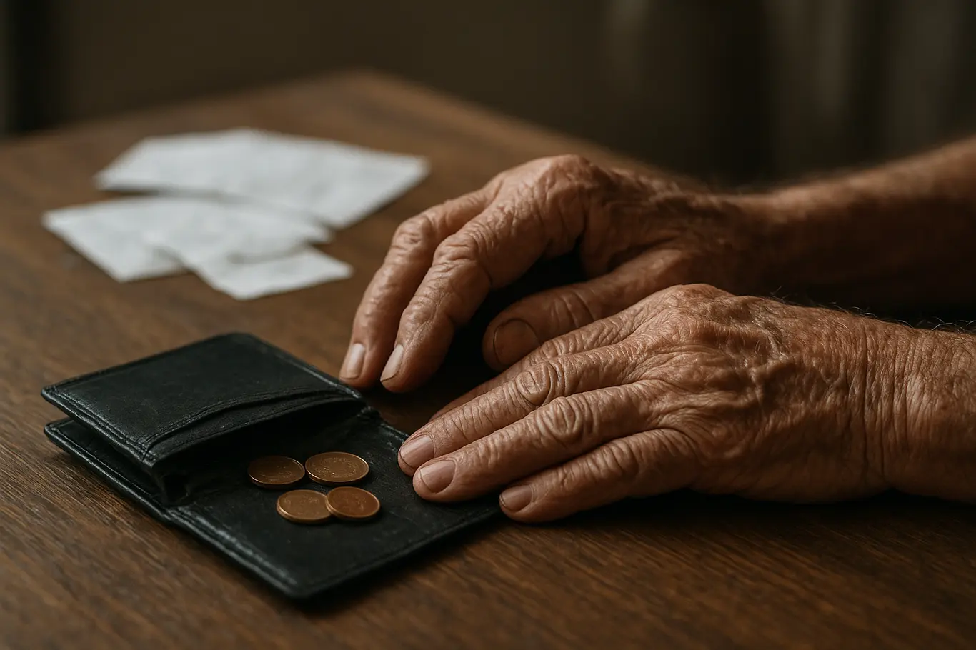 Mãos de aposentado sobre mesa com carteira vazia e moedas