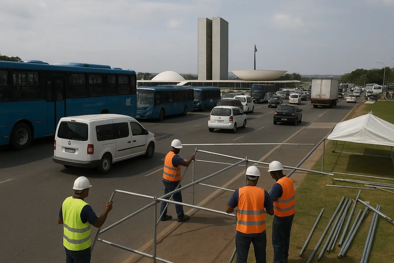 Ônibus e trabalhadores montando estruturas em Brasília