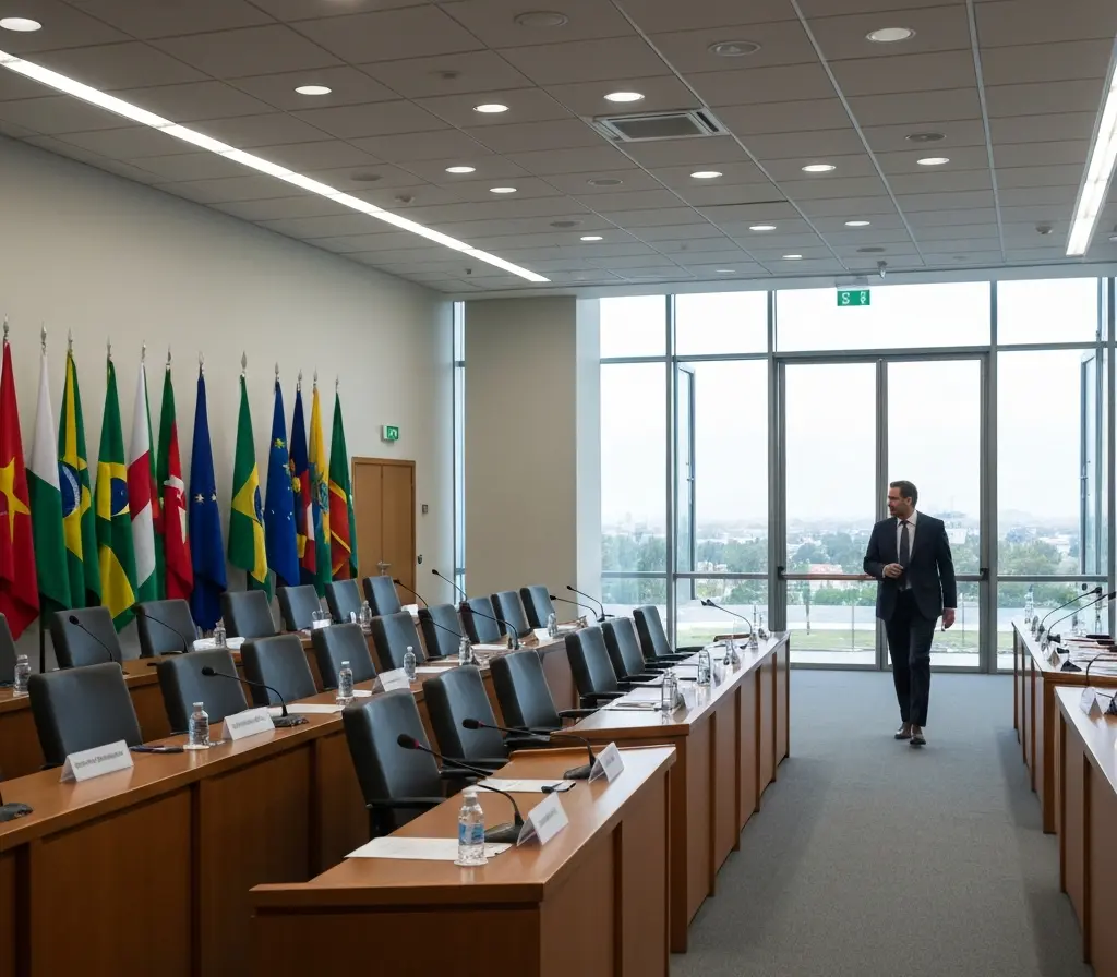 Fifa estuda Copa com 64 seleções e Brasília se prepara para fluxo maior Microfones em conferência com figura de costas em terno