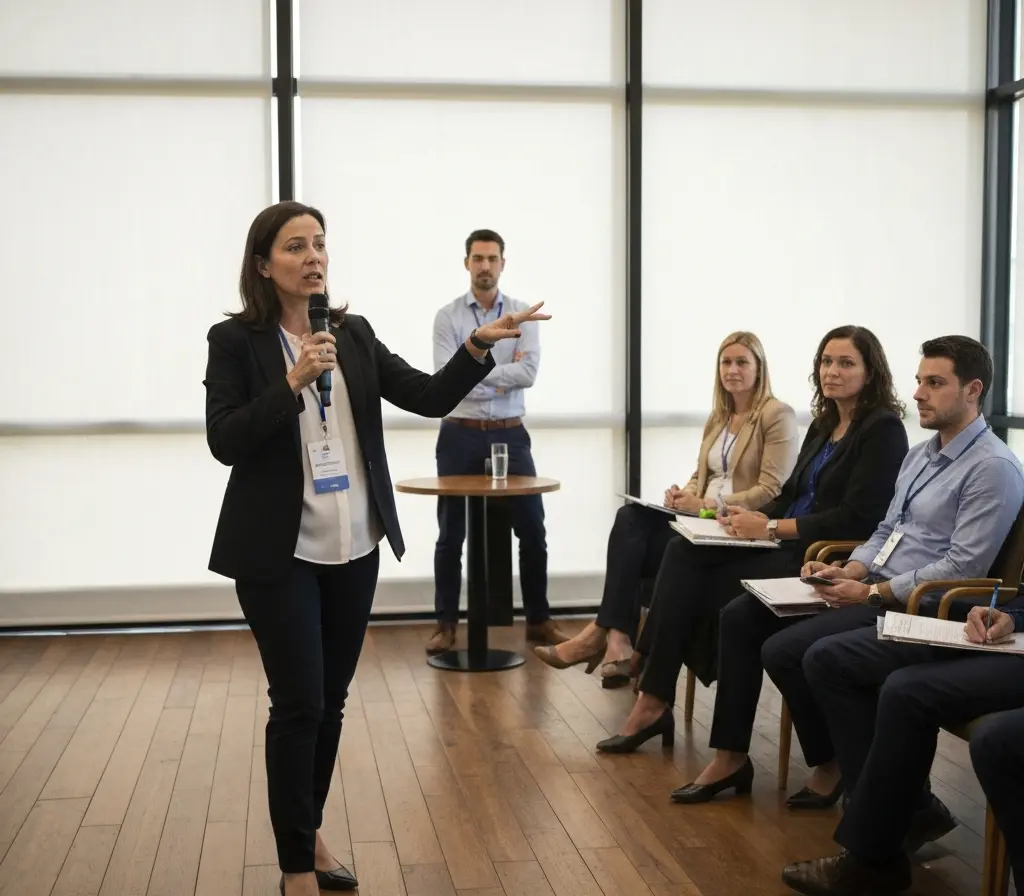 Quatro anos de Janine Brito no Lide Mulher Brasília ampliam redes e negócios Figura feminina em palco vista de 3/4 pelas costas durante evento do Lide Mulher Brasília