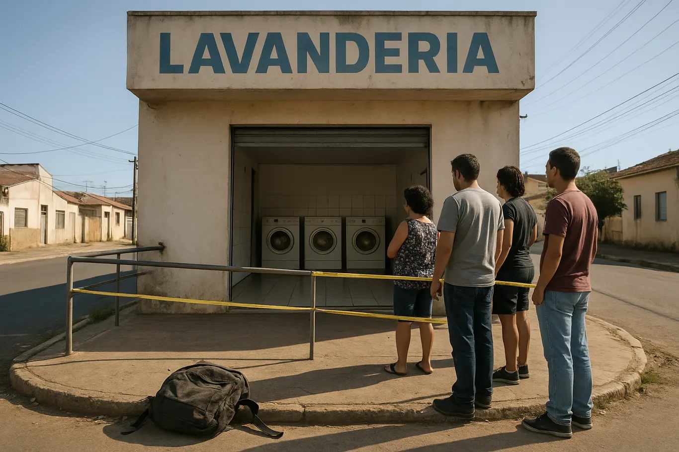 Fachada da lavanderia com moradores de costas e mochila escolar caída em primeiro plano.
