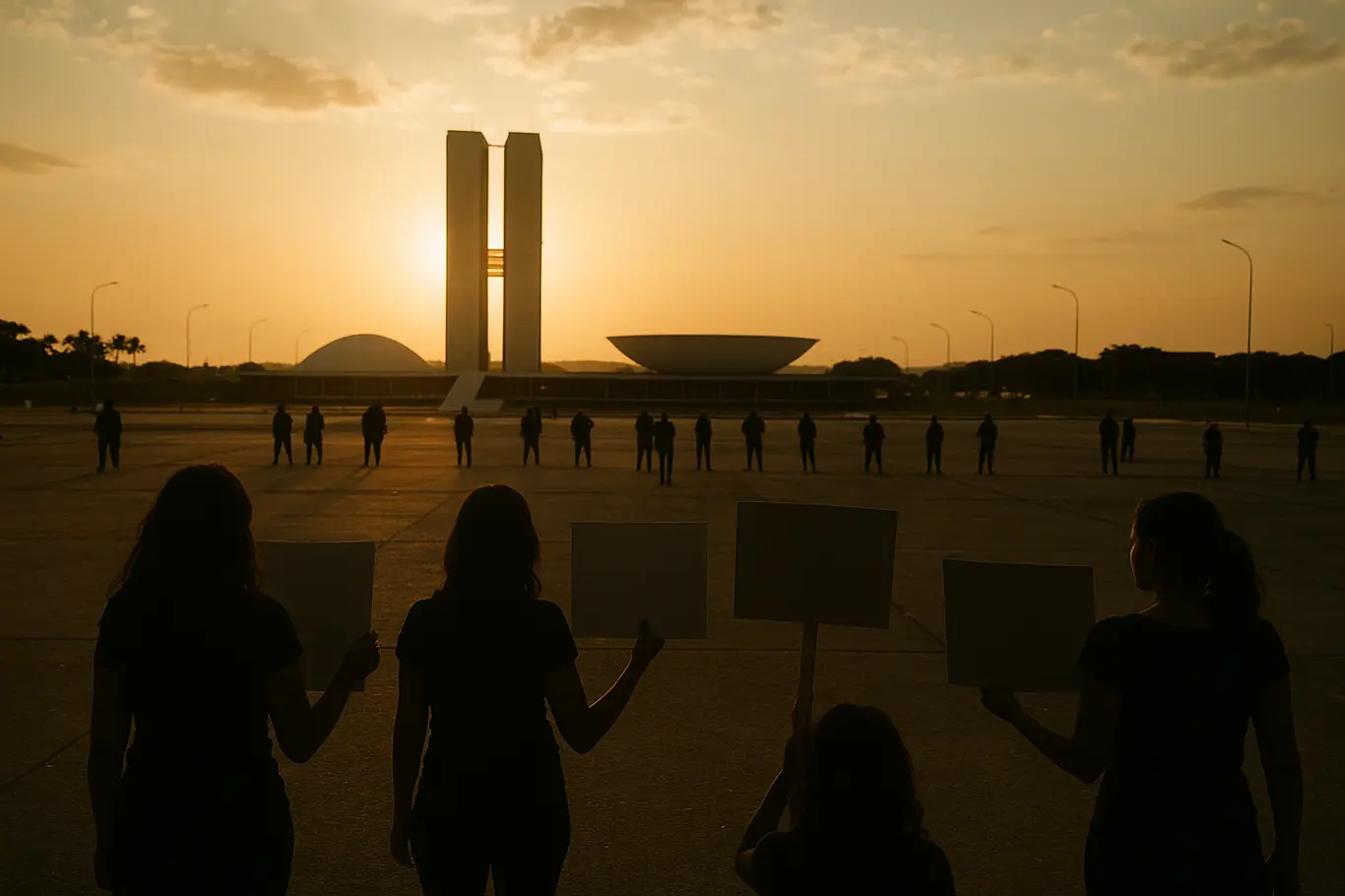 Esplanada dos Ministérios com pequena manifestação e Congresso Nacional ao fundo, pessoas em silhueta.