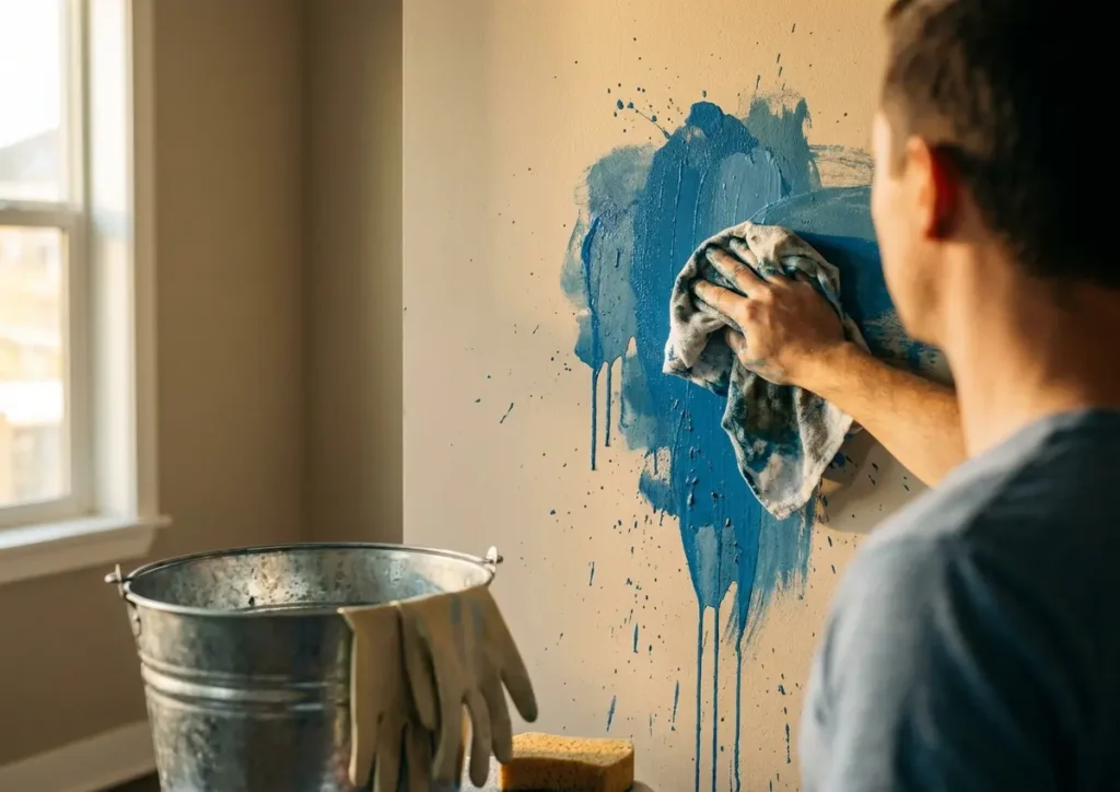 Como tirar mancha de tinta da parede sem danificar o acabamento Pessoa de costas limpando mancha de tinta azul na parede com pano, ambiente doméstico, luz natural quente