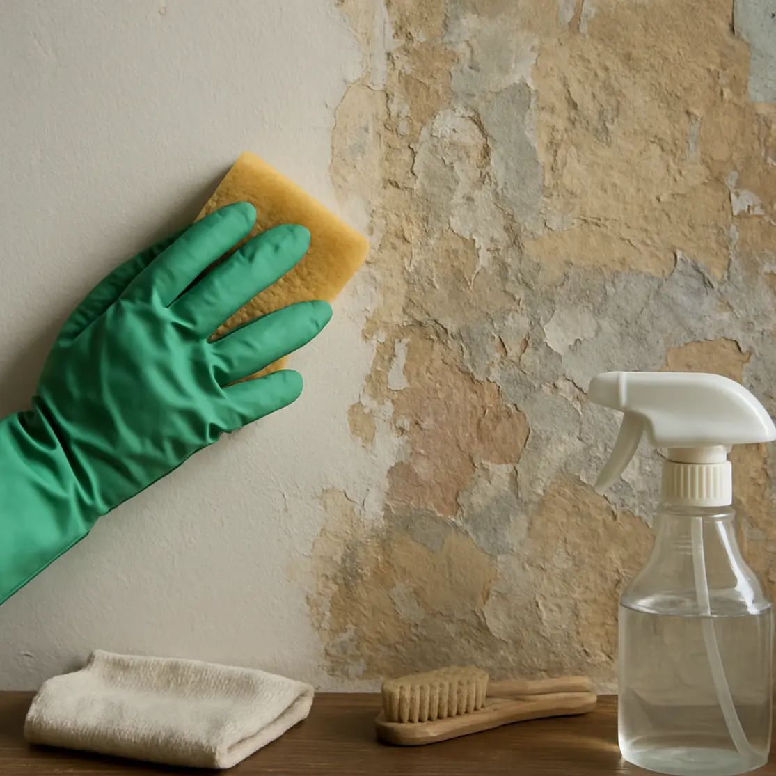 Detalhe da parede com área limpa e resíduos de tinta, mão com luva segurando esponja