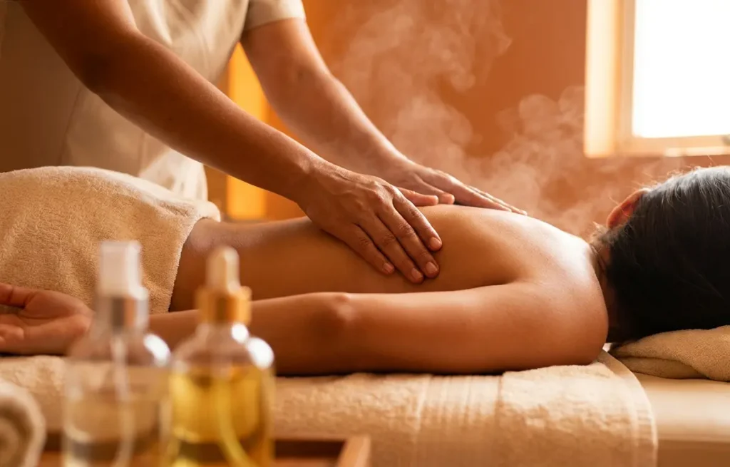 Quanto custa massagem relaxante no DF: preços e o que inclui Mãos de massagista aplicando massagem relaxante nas costas de cliente em ambiente de spa no DF