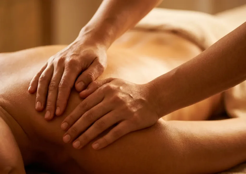 Mãos de massoterapeuta aplicando técnica no ombro de um cliente, close editorial
