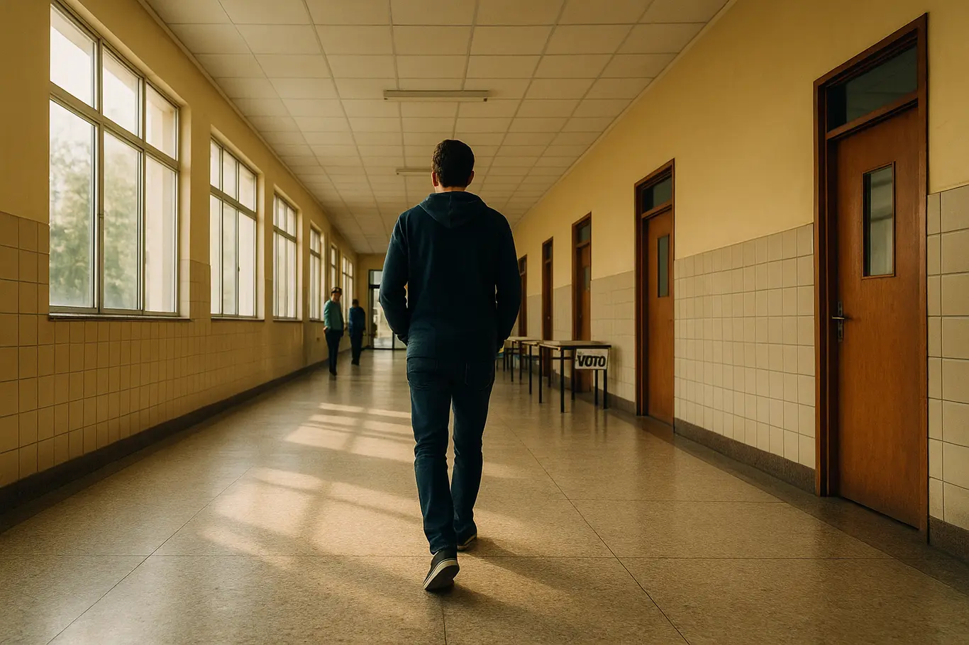 Corredor de escola com pessoa saindo do local de votação