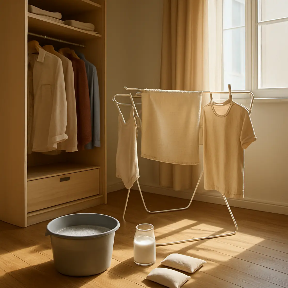 Quarto arejado com guarda-roupa aberto, roupas secando em cabides e itens de limpeza no chão