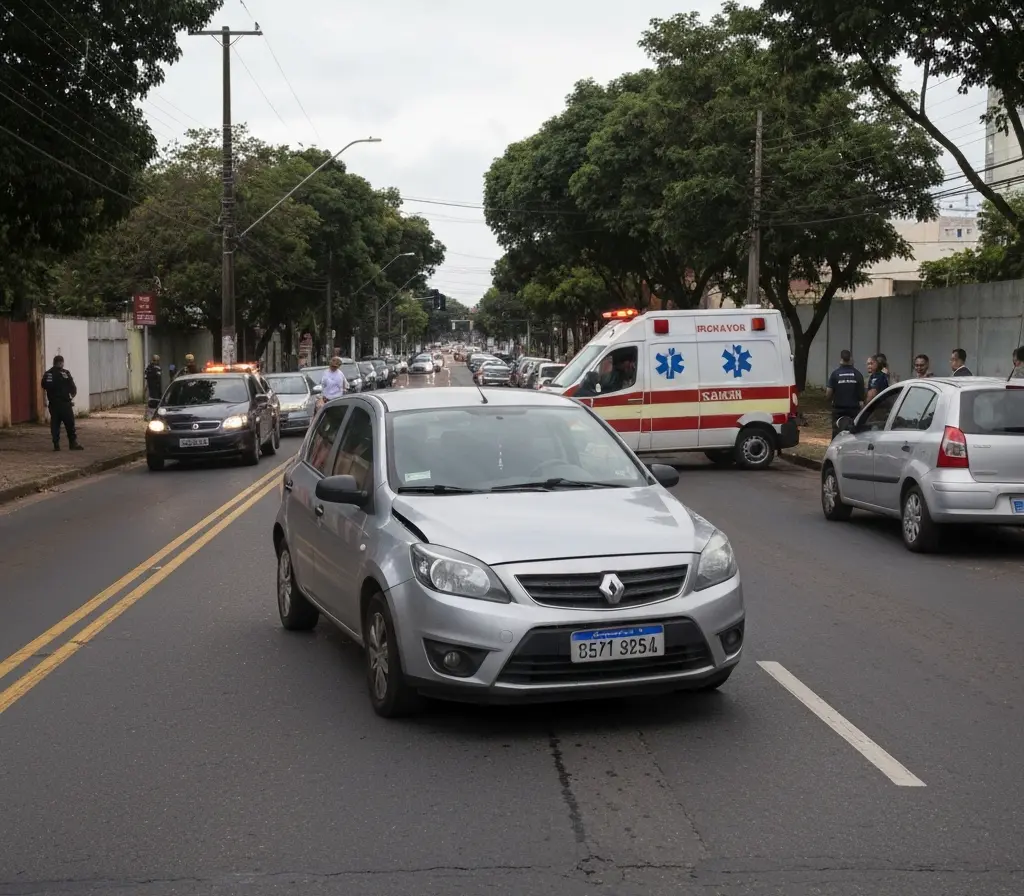Motorista tem mal súbito e bate em Águas Claras; trânsito no local fica lento Carro amassado em avenida de Águas Claras; socorristas atendendo motorista ferida com rosto desfocado, ambulância e trânsito lento ao fundo.