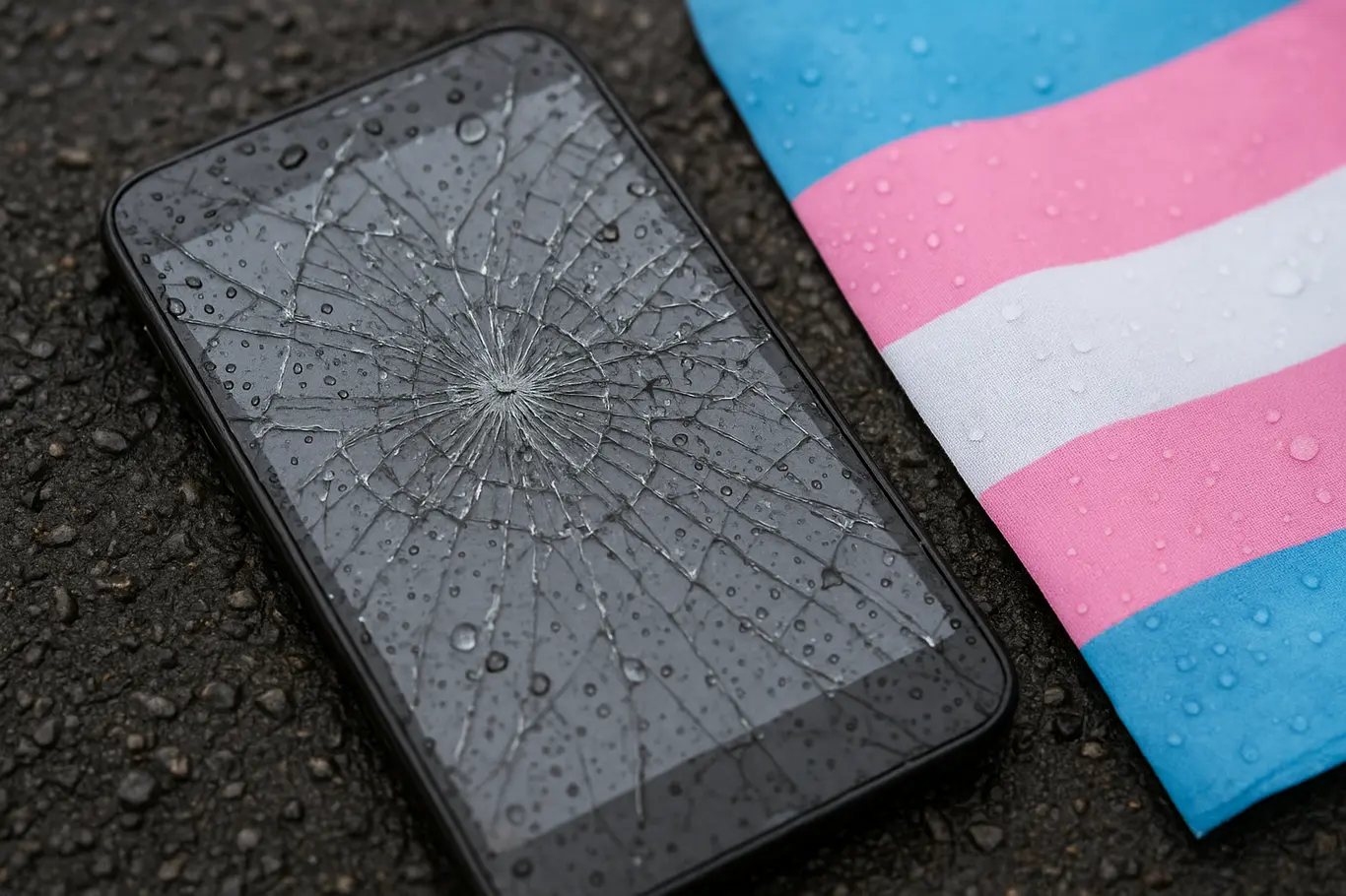 Close na tela quebrada de um smartphone no asfalto ao lado de fragmento da bandeira trans, sem identificar pessoas.