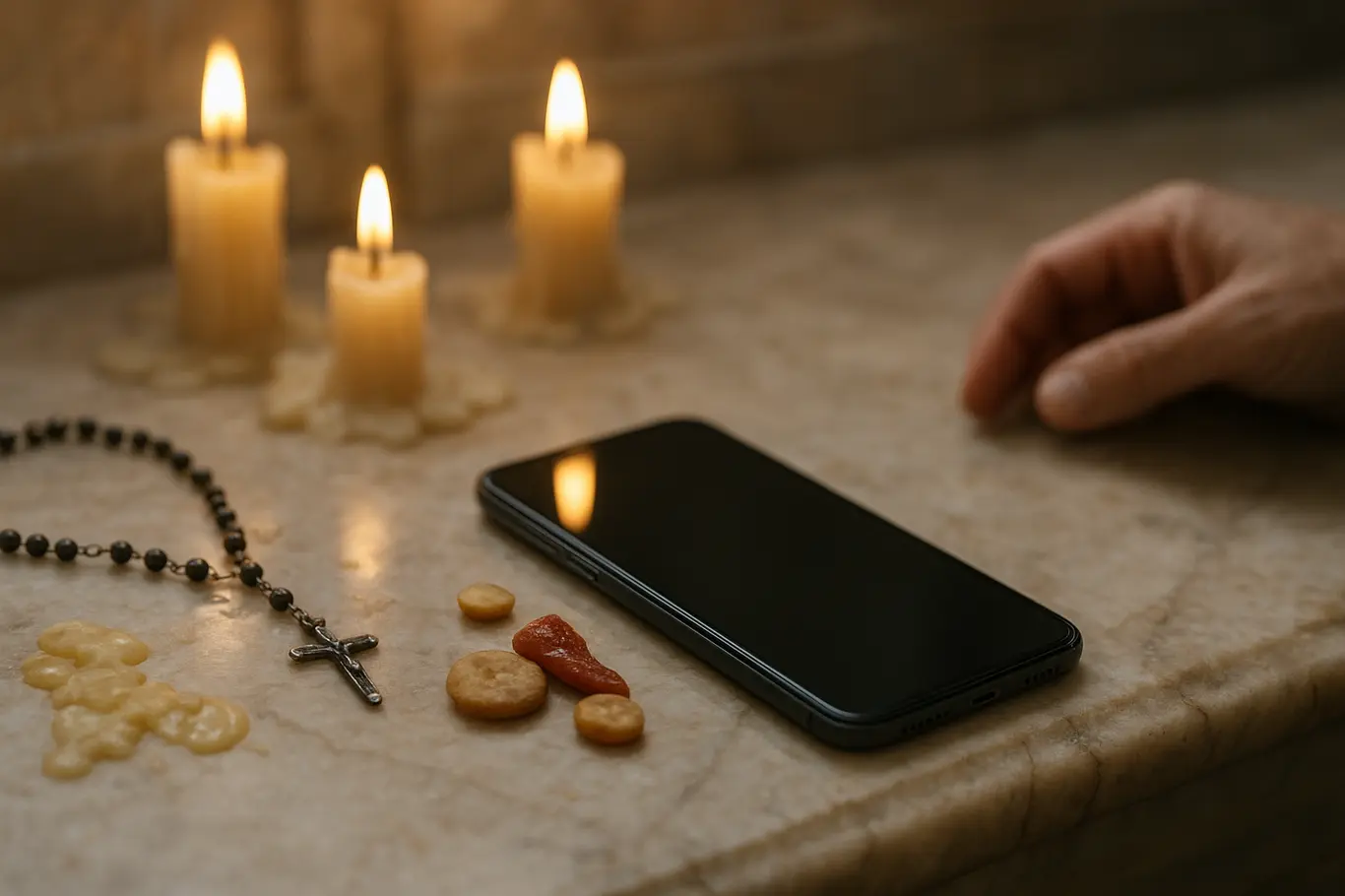 Close-up de velas, oferendas e um smartphone sobre o altar da catedral, detalhes em foco.