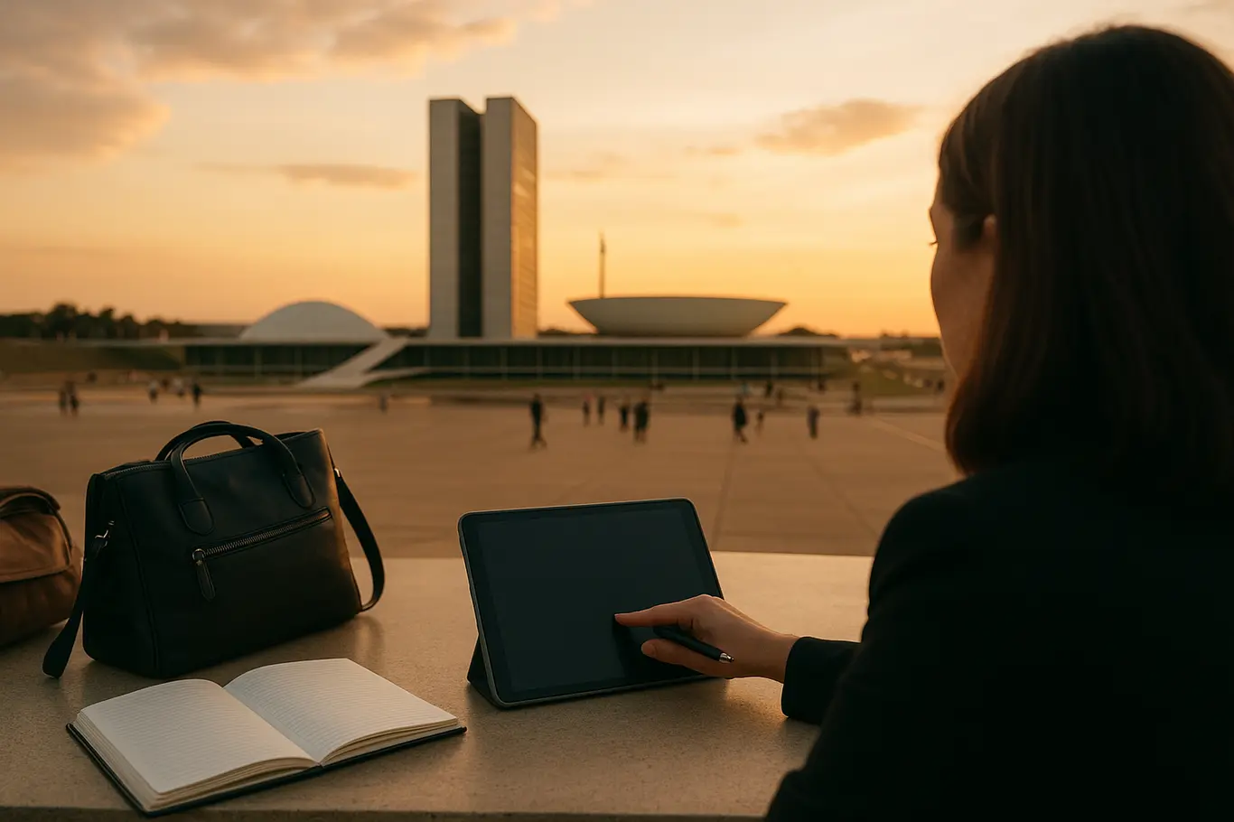 Fachada do Congresso Nacional ao fim de tarde vista por cima do ombro de uma assessora apontando para um tablet desligado