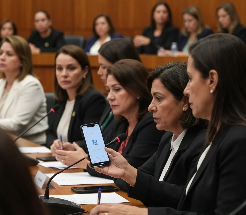 PL Mulher anuncia novo perfil de Michelle e pode alterar agendas em Brasília Grupo de mulheres do PL Mulher de costas numa sala de imprensa, uma segurando smartphone com tela desfocada e Congresso Nacional ao fundo