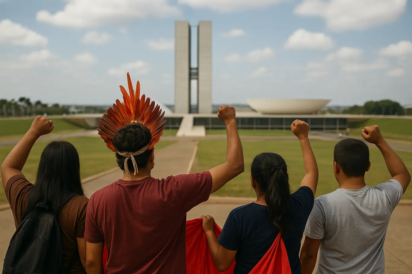 Grupo de apoiadores indígenas de costas na Esplanada dos Ministérios, com estandartes e cocar visível