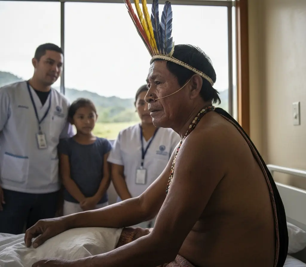 Raoni tem melhora após hemorragia e mobiliza apoio em Brasília Cacique visto de três-quartos no leito hospitalar, com cânula nasal e indumentária parcial, fundo desfocado