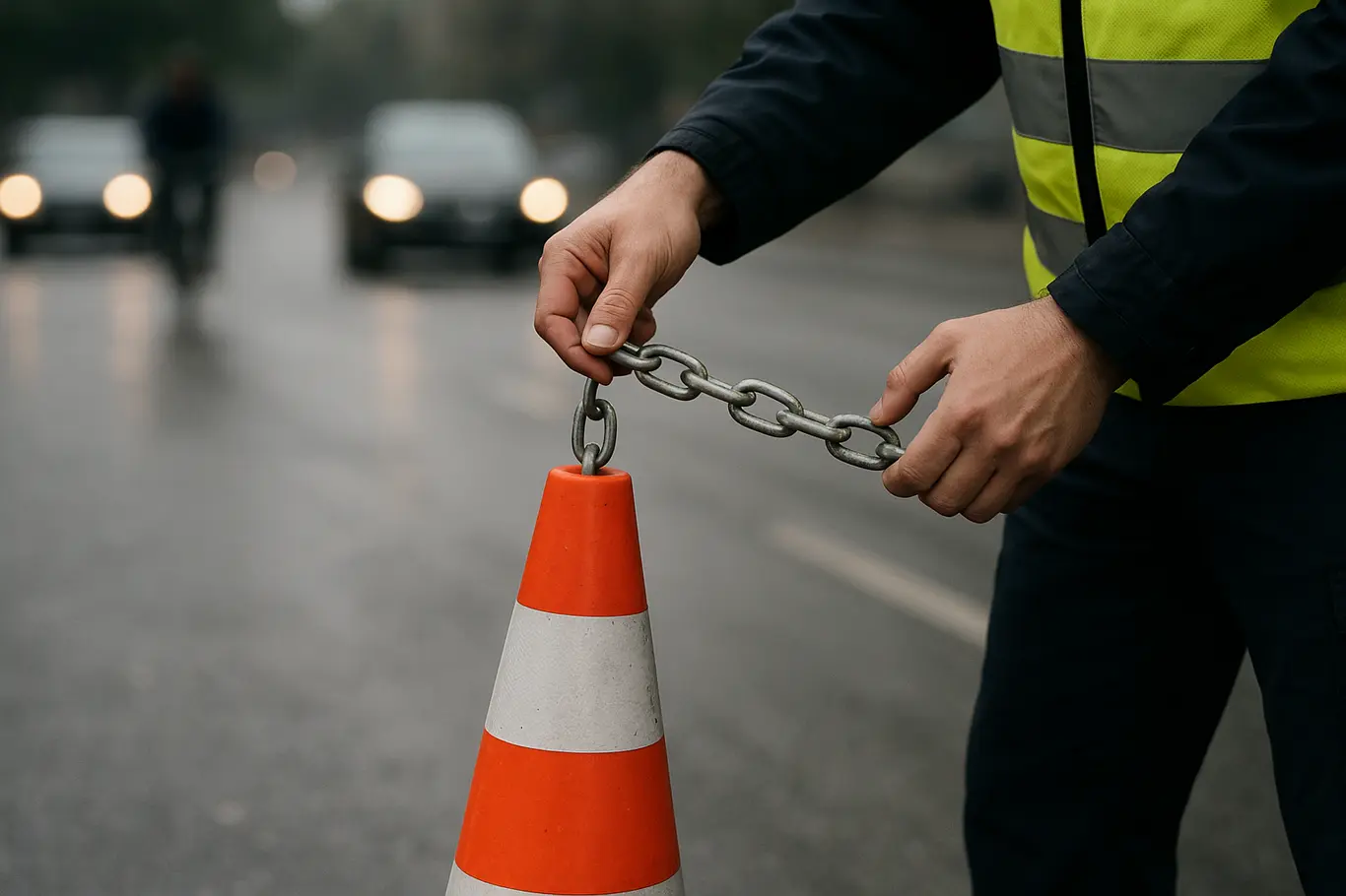 Detalhe das mãos de um agente retirando um cone que liberou a via