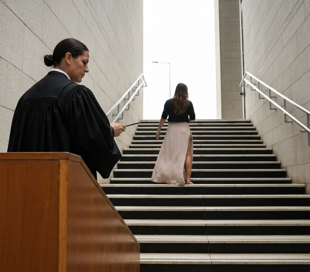 Juiz reclassifica esganamento como violência doméstica e afeta proteção no DF Malhete em foco na bancada com mulher de costas nas escadarias do prédio público ao fundo