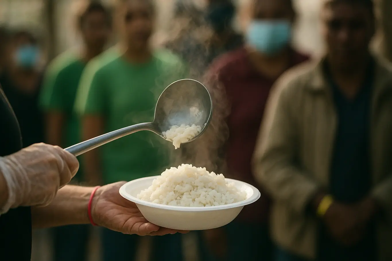 Mãos de voluntário servindo arroz em pratos descartáveis, com fila desfocada de moradores ao fundo.