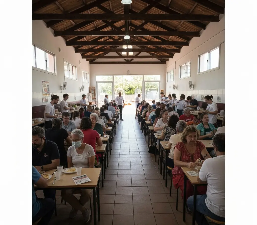 Restaurante comunitário da Estrutural reabre e alivia moradores do DF Salão do restaurante comunitário da Estrutural com filas organizadas e voluntários servindo refeições, pessoas de costas ou de perfil.