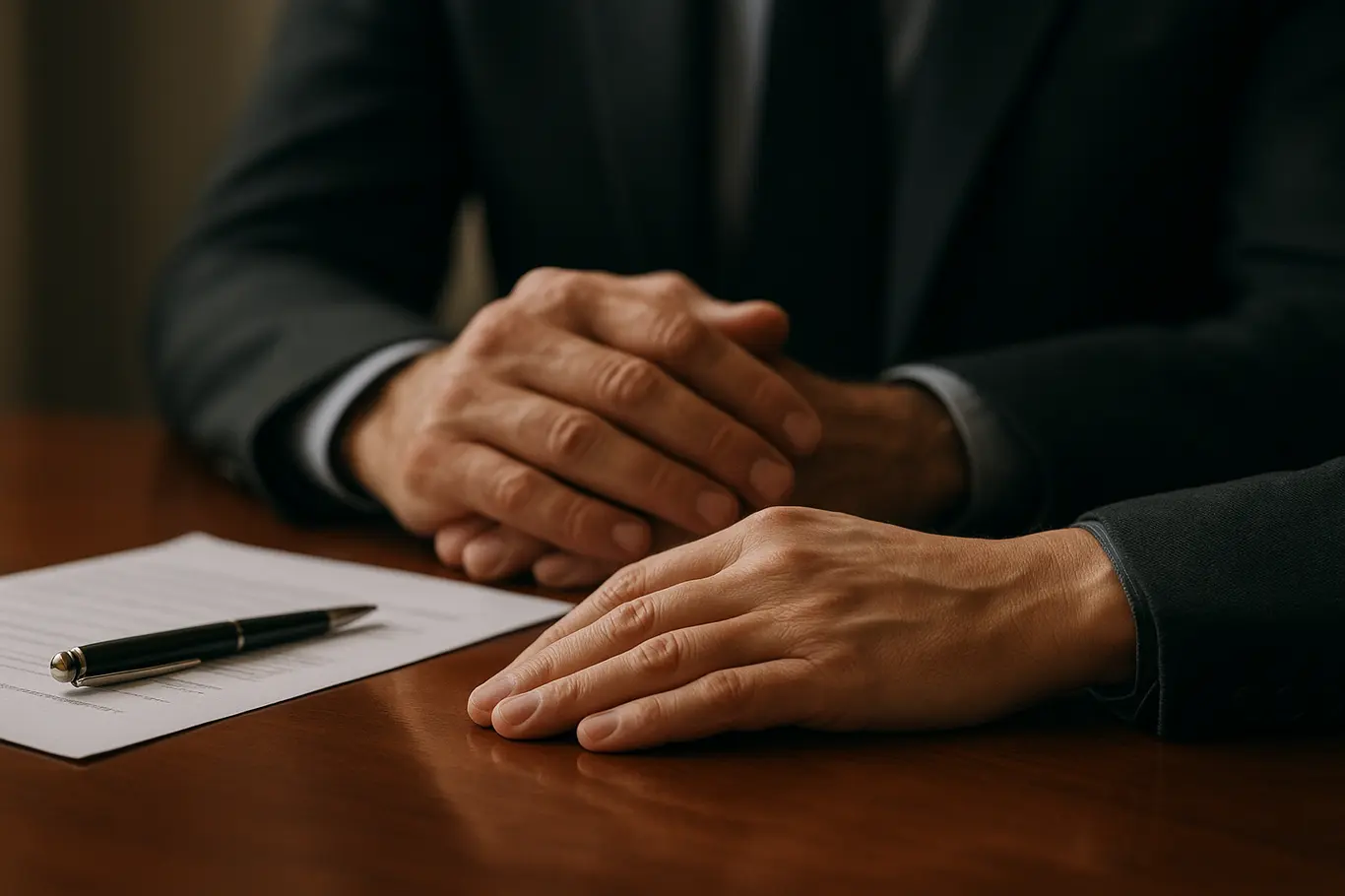 Close nas mãos de dois interlocutores sobre mesa durante negociação política