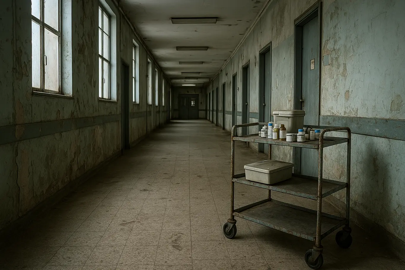 Corredor de hospital vazio com carrinho de medicamentos e pintura descascada, sinais de desgaste visíveis