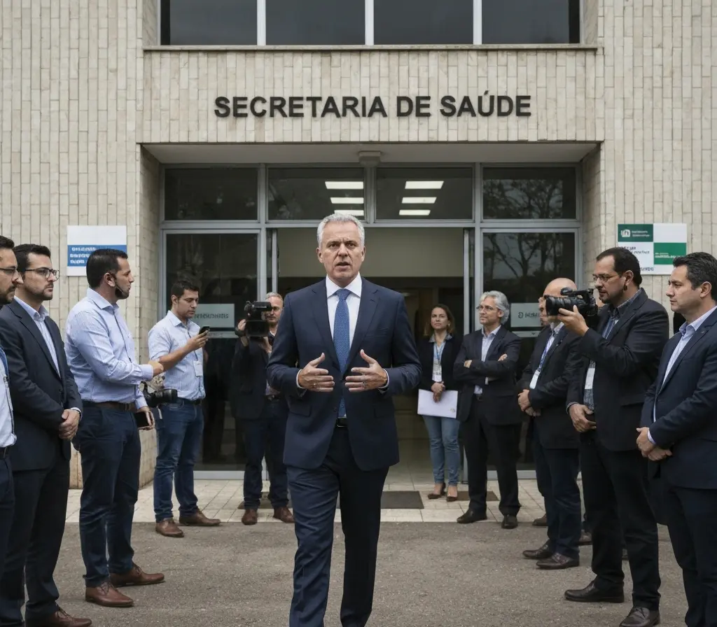 Secretário de saúde nega sucateamento e gera pressão por respostas no DF Secretário de Saúde de costas entrando em prédio, assessores e jornalistas ao redor com microfones, rostos desfocados