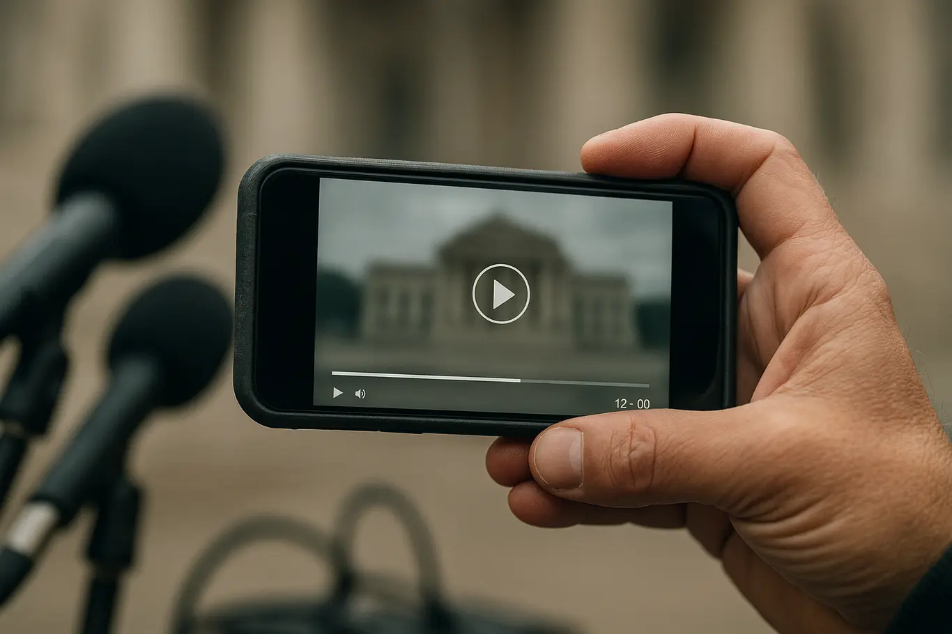 Close-up de mão segurando celular com vídeo pausado em 12:00 e reflexo da fachada do STF, tela borrada