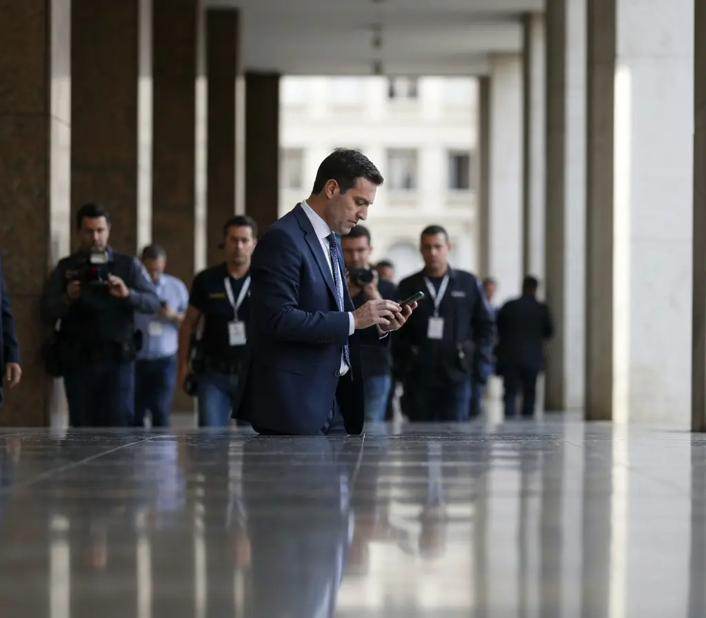 Vídeo de 12 minutos com Cláudio Castro no STF reacende tensão em Brasília Homem de terno de costas no corredor do STF segurando celular com tela desfocada, pessoas ao fundo não identificáveis