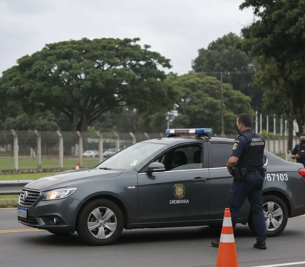Subsecretário se recusa ao bafômetro em carro oficial do GDF e abre sindicância Carro oficial parado em blitz com figura vista de costas segurando porta aberta e agente com bafômetro estendido