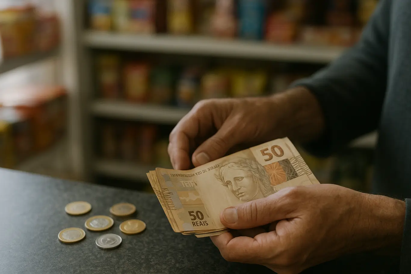 Mãos contando notas e moedas em reais sobre o balcão de um mercado, produtos desfocados ao fundo