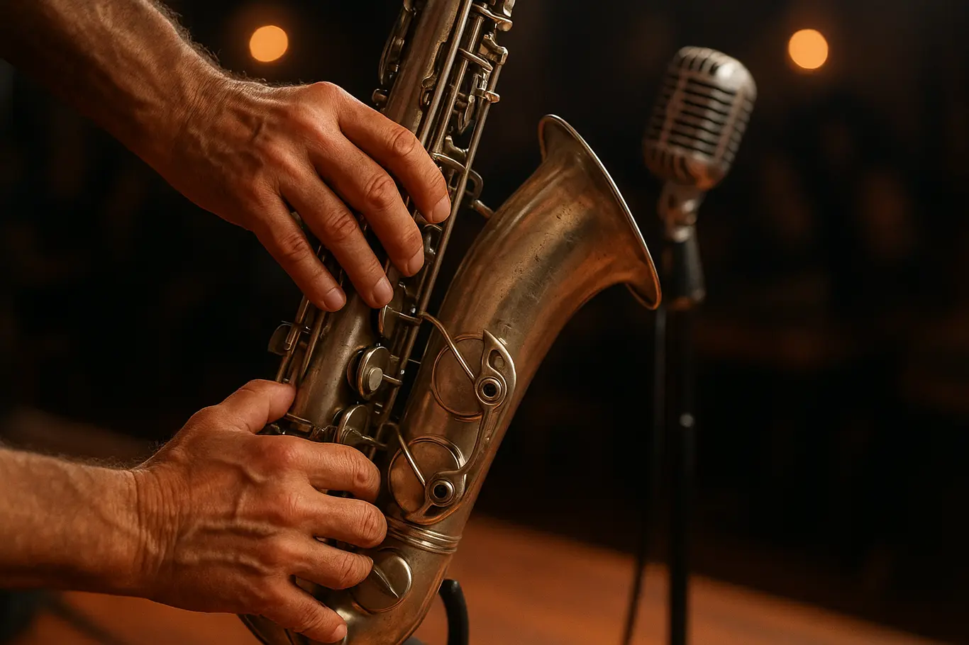 Detalhe das mãos de músico ajustando um sax tenor no palco, microfone desfocado ao fundo