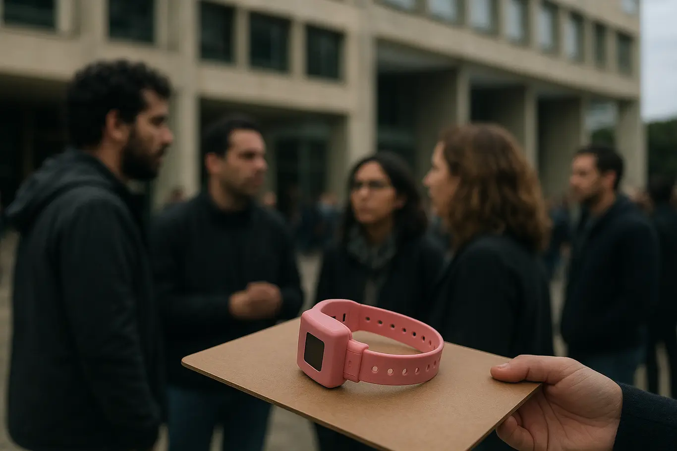 Cena externa com pessoa segurando tornozeleira rosa, grupo desfocado e prédio público ao fundo.